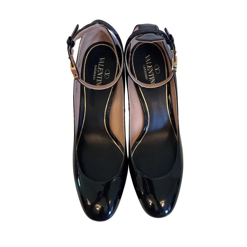 Valentino Garavani Tan-Go Black Patent Leather Platform Block Heel Pumps 38/7.5